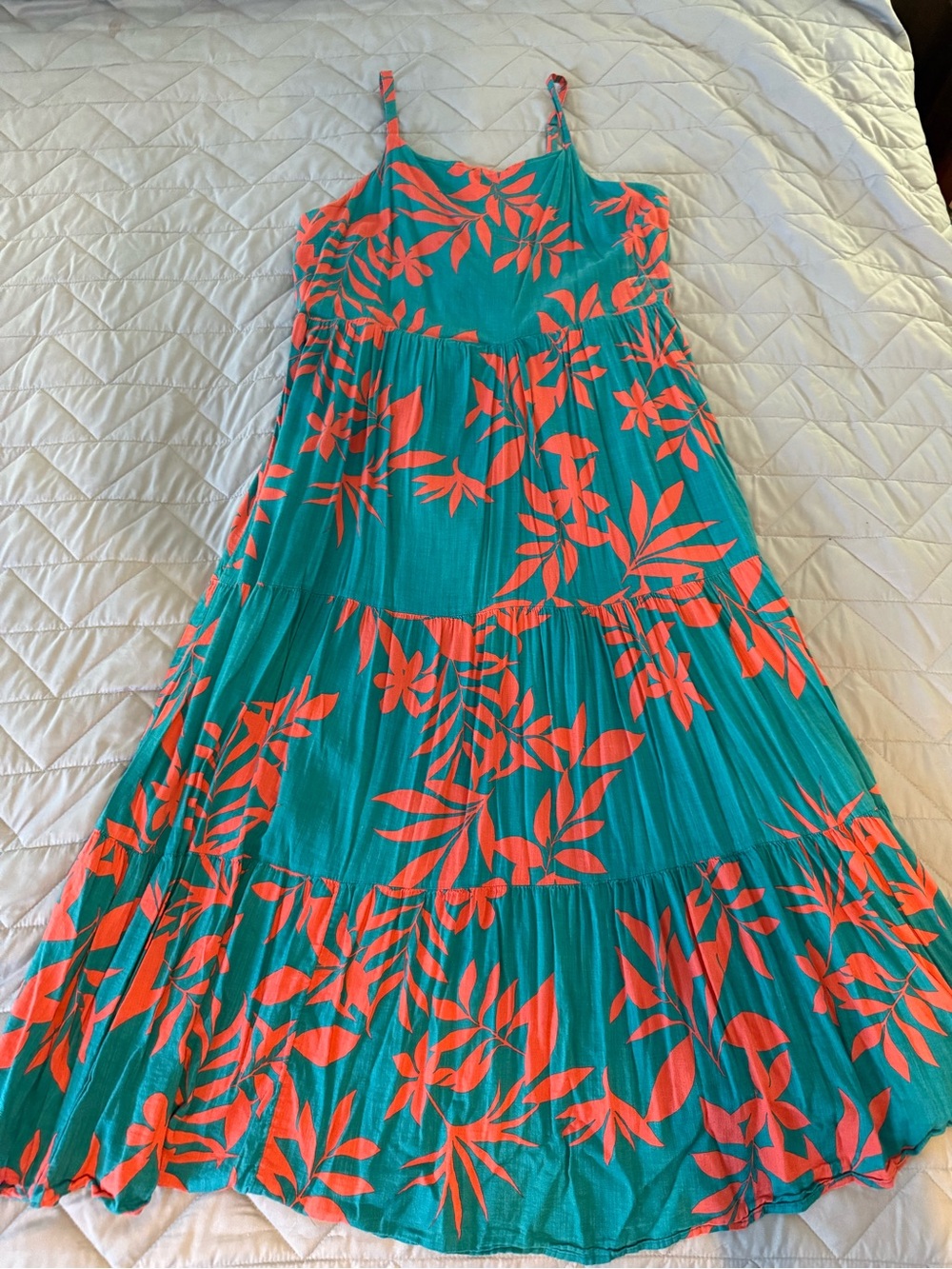 Old Navy Teal Maxi Dress with Coral Red Leaf Print